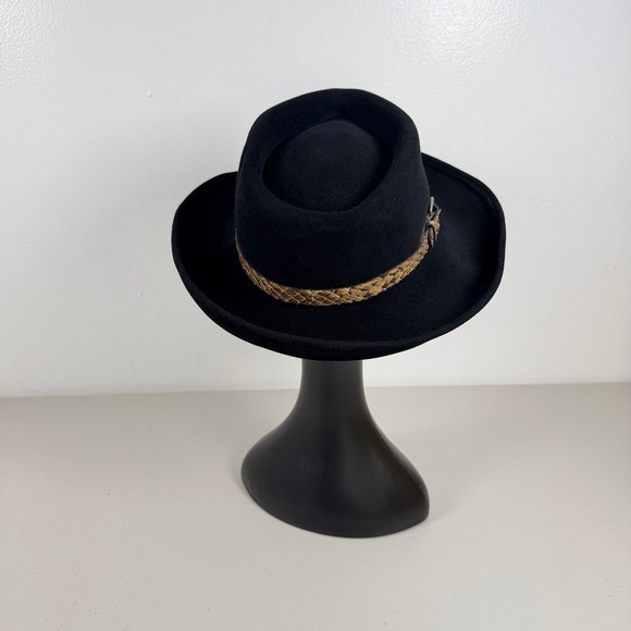 Eric Javits Black Felt Fedora Hat Genuine Python Band Buckle - Picture 3 of 9